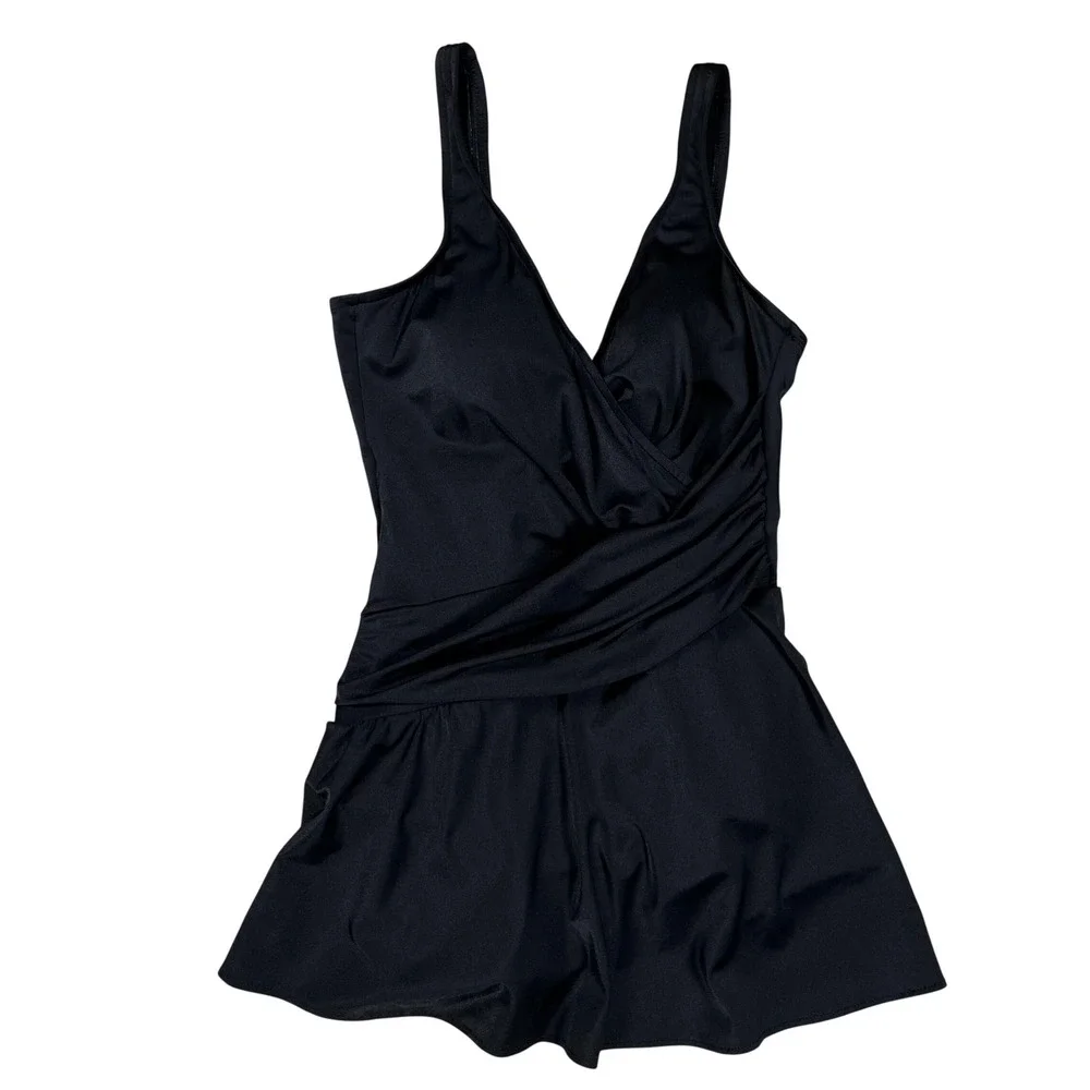 Miraclesuit x Orvis One Piece Swimsuit Dress Women XL Black Ruched Surplice
